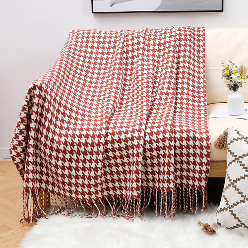 Ins sofa blanket, houndstooth fringe woolen blanket沙发毯