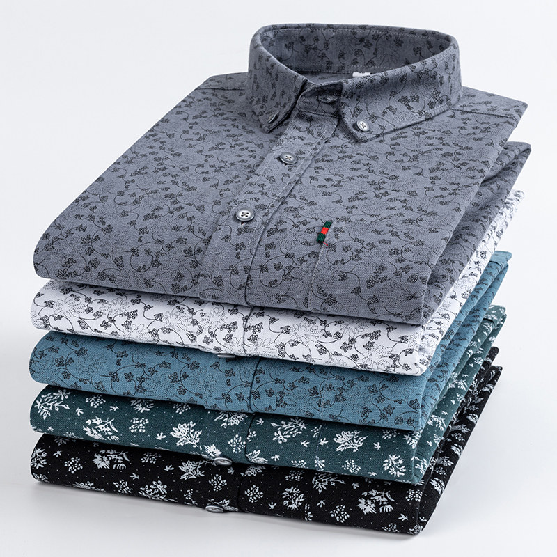 保罗春秋款全棉碎花衬衫男士长袖纯棉休闲时尚新款印花衬衣加大码