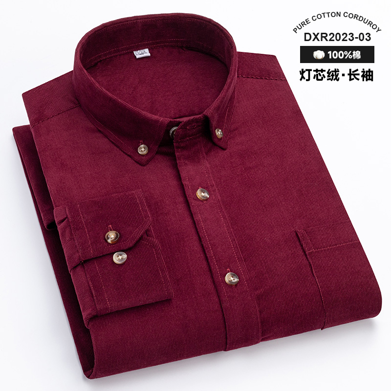 保罗春秋全棉灯芯绒衬衫男士长袖中青年复古酒红色纯棉条绒衬衣潮