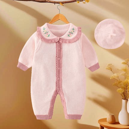 婴儿衣服连体衣秋装纯棉针织毛衣套装女宝宝加绒秋冬季满月公主服