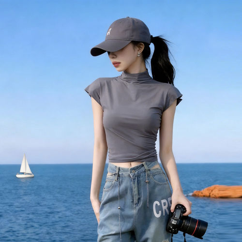 夏季灰色半高领短袖t恤女2026新款流行穿搭韩版修身收腰打底0519z