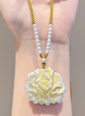 双面牡丹银色珠子描金复古宫廷长款项链女高级感毛衣链吊坠女士款