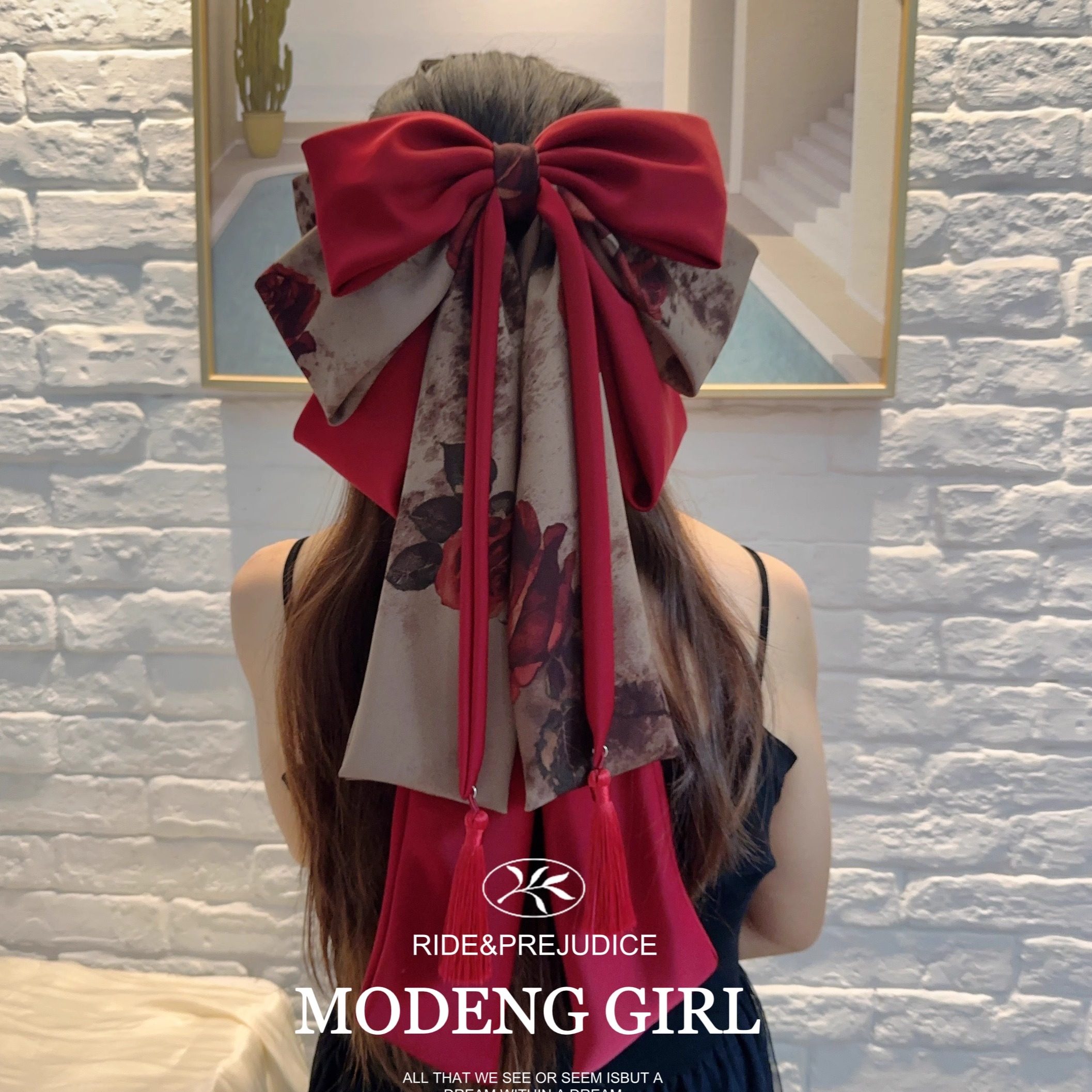 复古安可拉红超大蝴蝶结弹簧夹