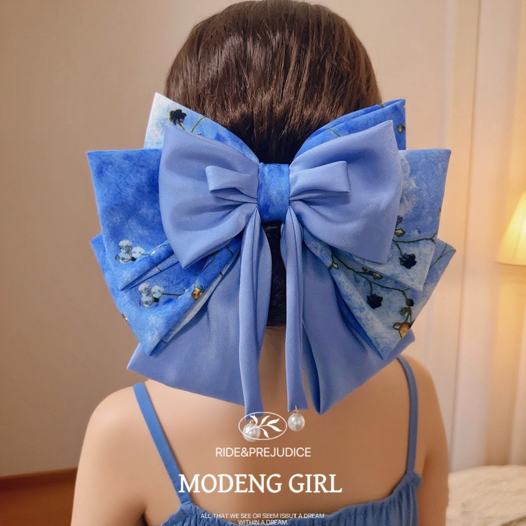 【蓝色恋曲】超大五层蝴蝶结发夹后脑勺头饰弹簧夹珍珠织带小众