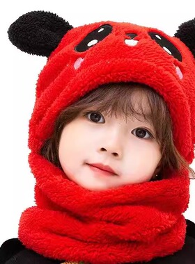 儿童加绒加厚毛绒帽男童女童秋冬季遮脸围脖一体可爱保暖护耳帽
