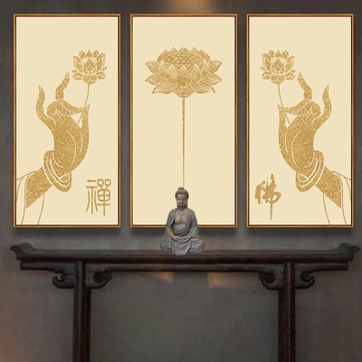 心经挂画禅意佛手观音莲花佛堂背景墙装饰画玄幻养生馆壁画字画佛