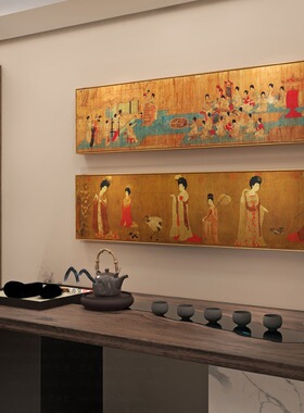 簪花仕女图挂画新中式唐代古风横幅装饰画客厅餐厅卧室床头挂画