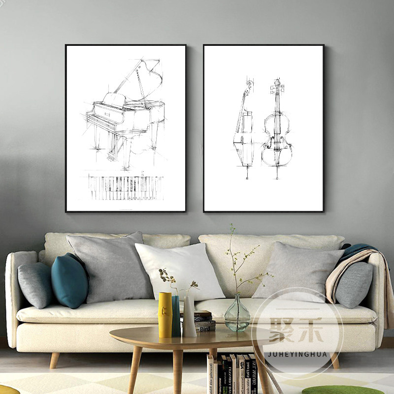 乐器线条素描装饰画客厅简约现代抽象艺术轻奢小众卧室床头挂画
