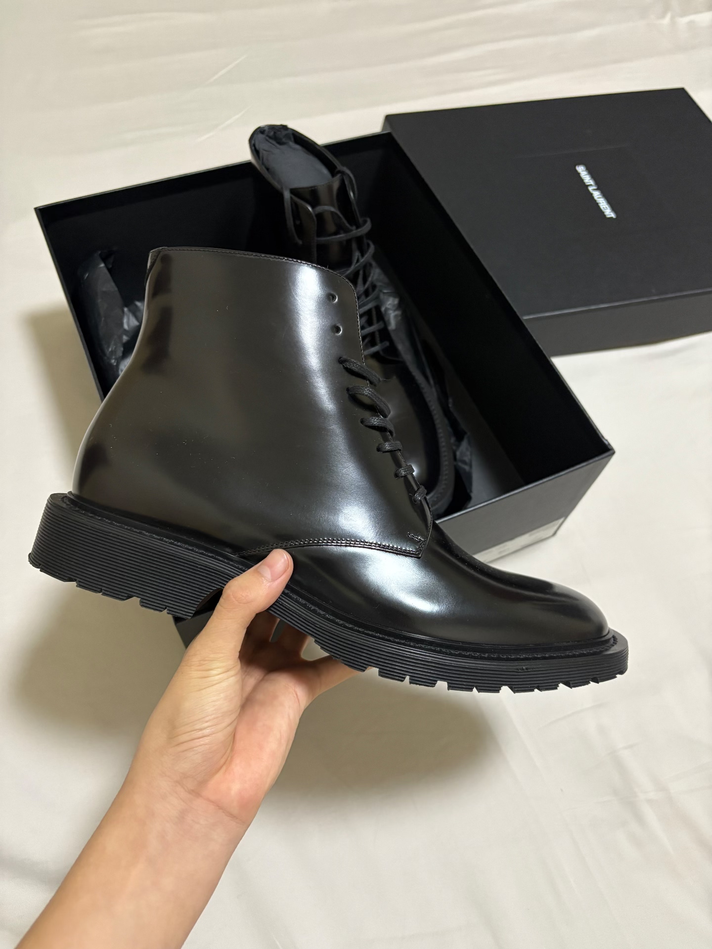 Saint Laurent Black Leather Lace-Up Short Boots