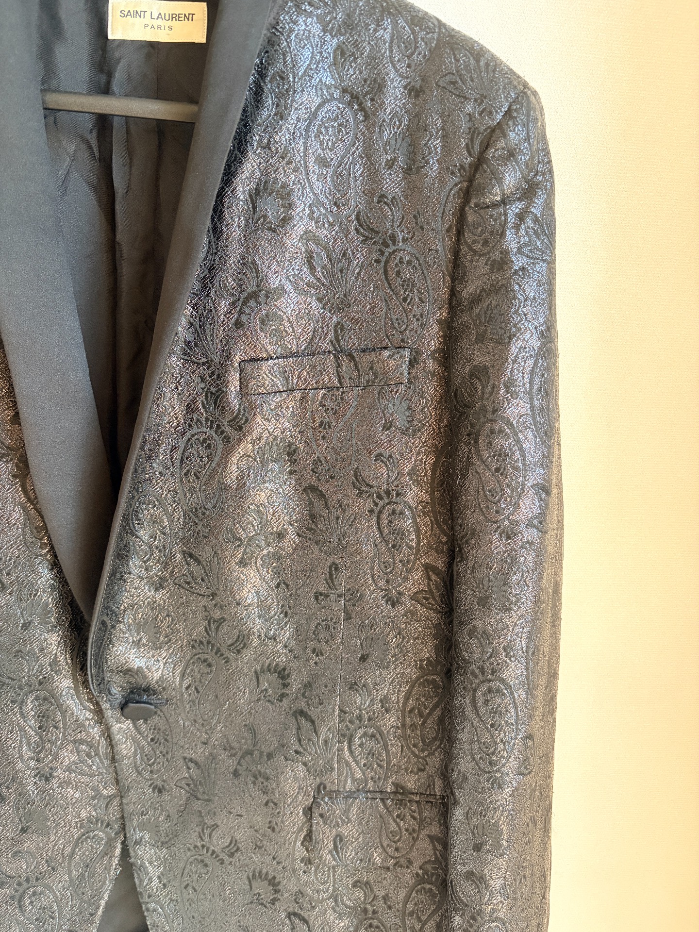 Saint Laurent Black Paisley Shawl Collar Suit — detail