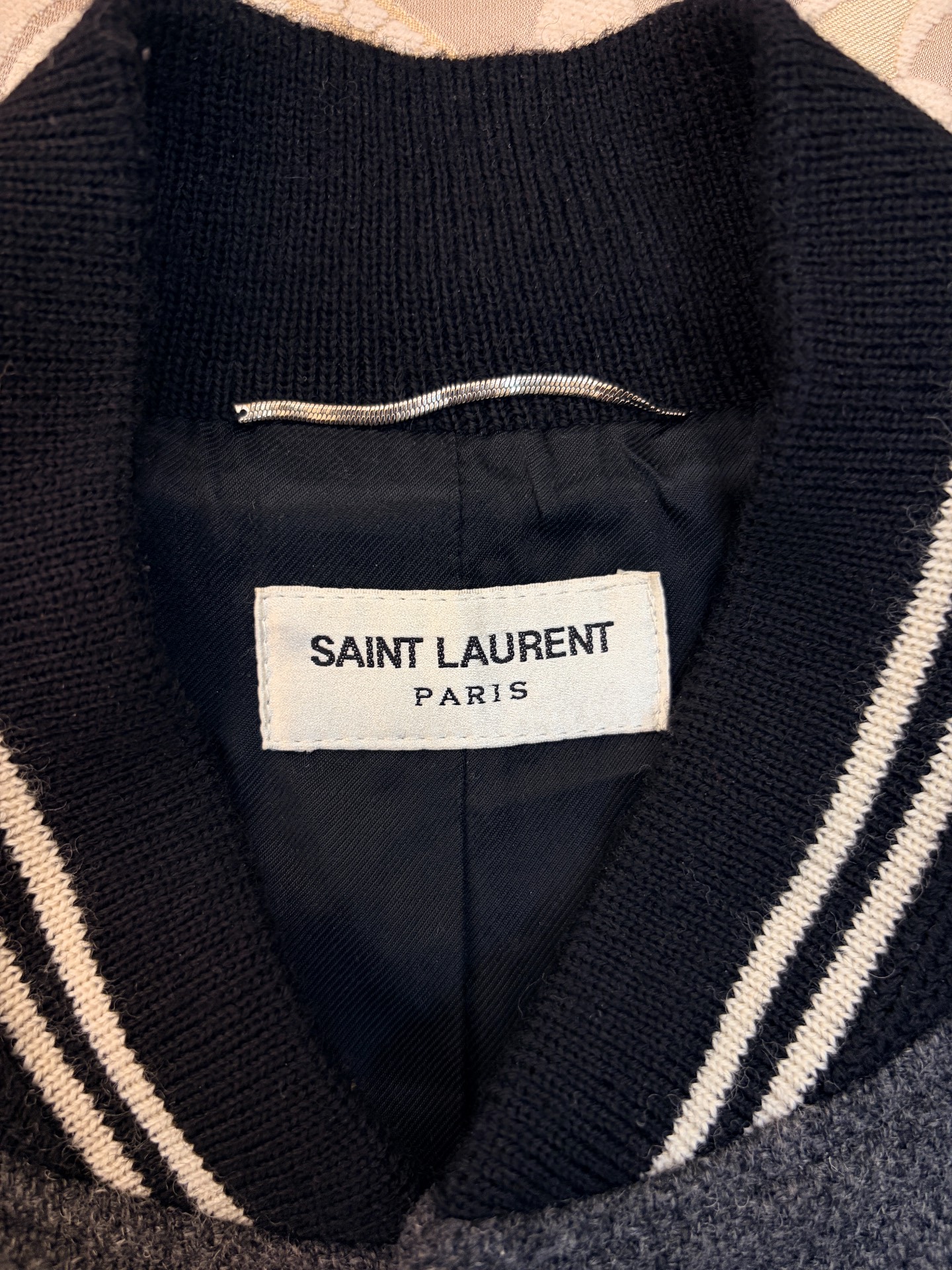 Saint Laurent Gray Wool Baseball Jacket — label