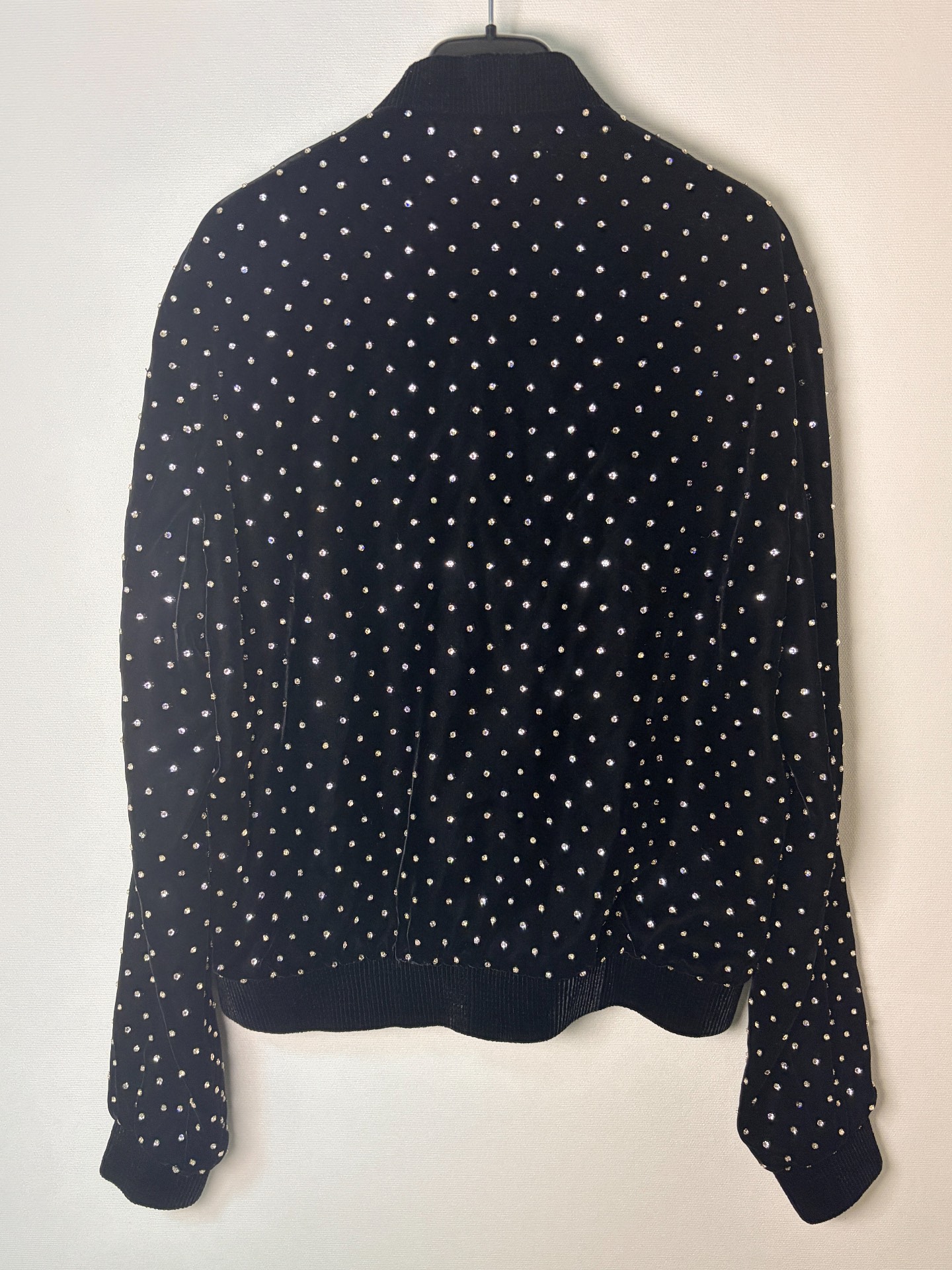 Saint Laurent Black Velvet Rhinestone Bomber — detail