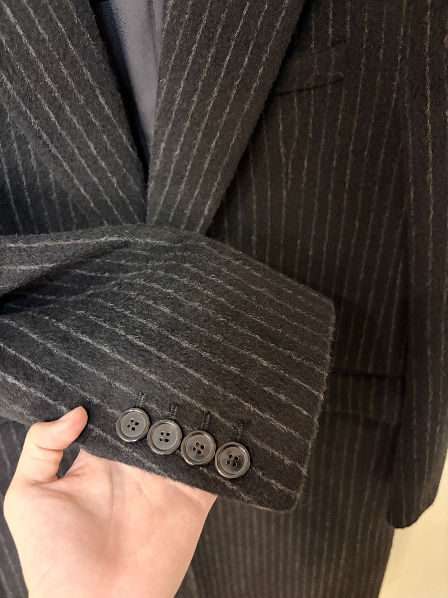 Saint Laurent Striped Peak Lapel Long Coat — detail