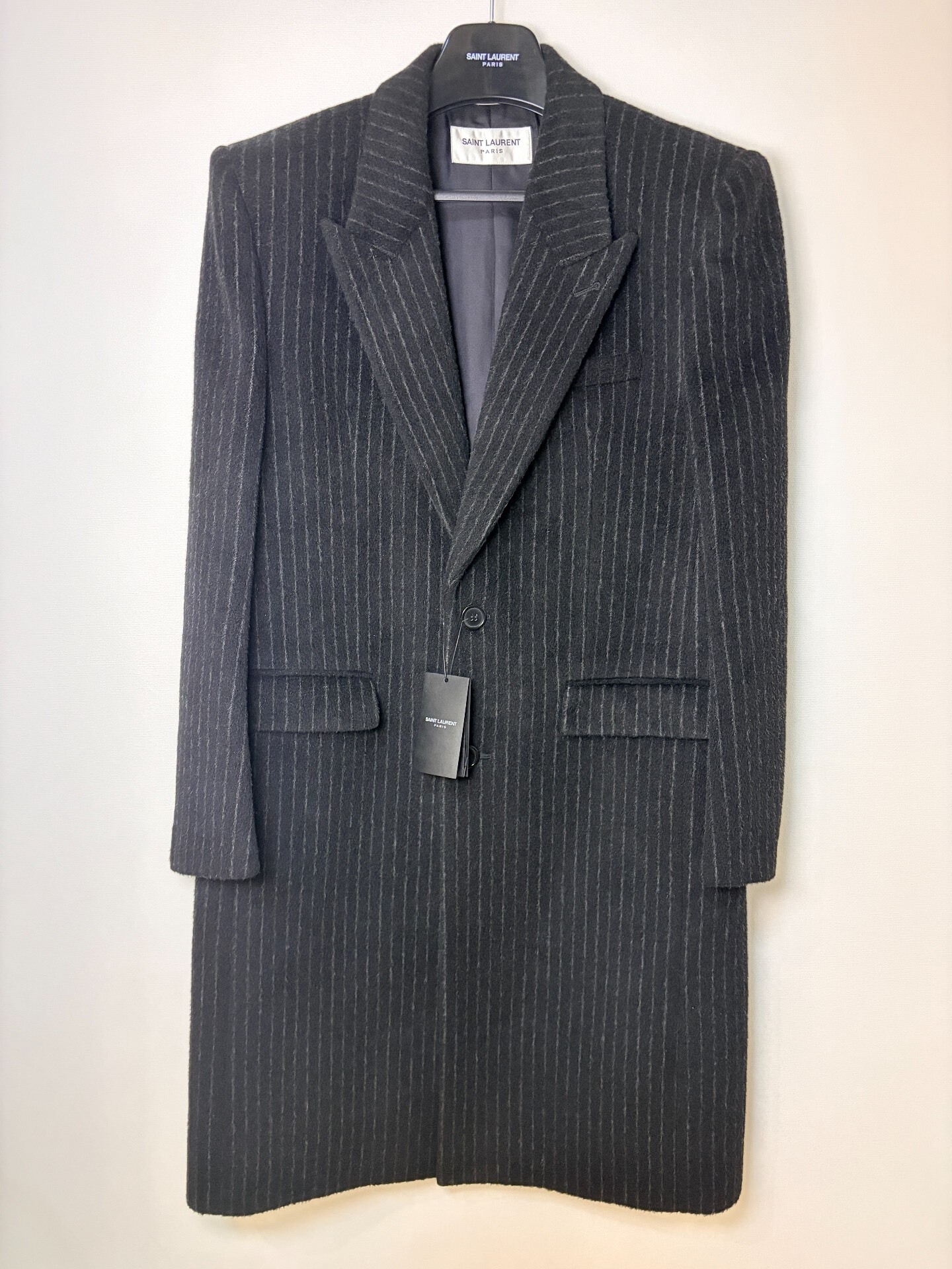 Saint Laurent Striped Peak Lapel Long Coat