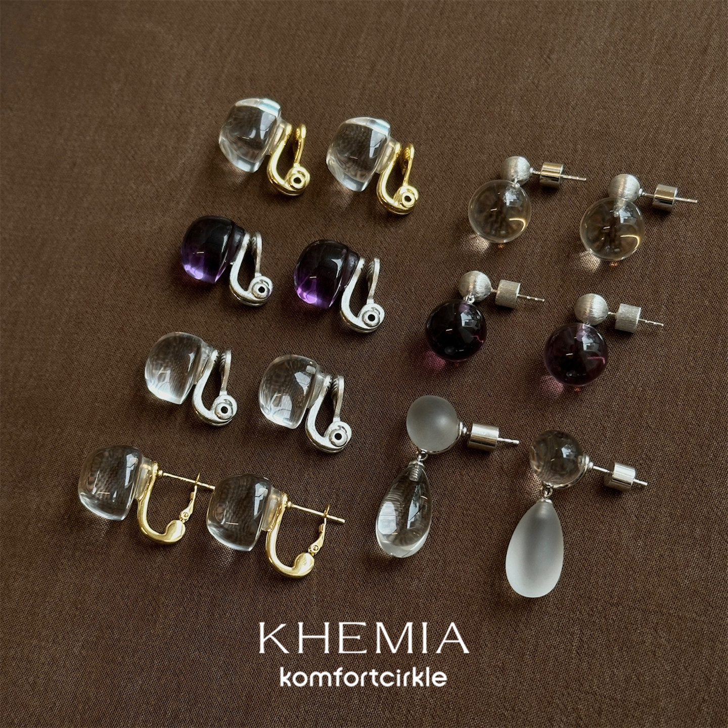 KHEMIA 拉丝天然方圆水晶耳钉无耳洞耳夹简约高级感水滴耳饰女图片