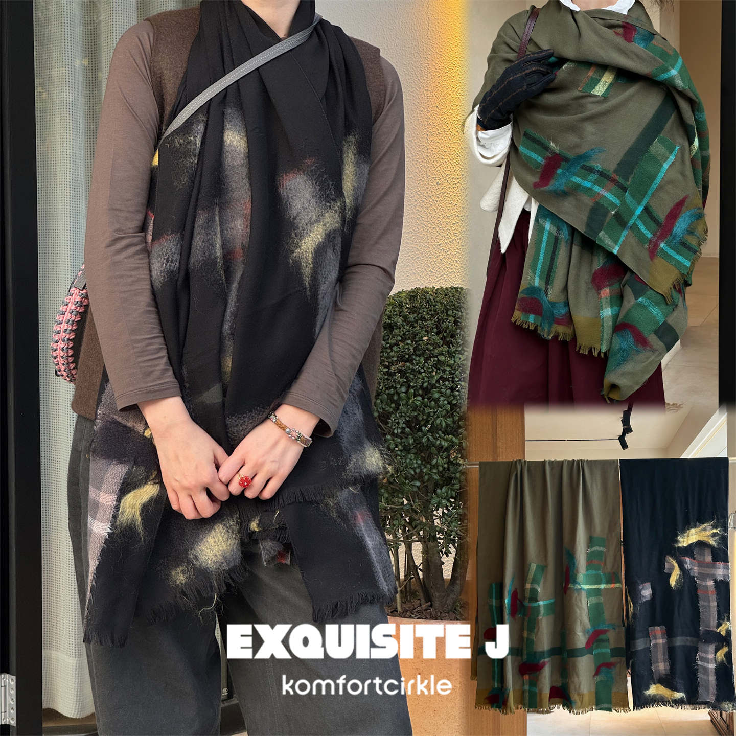 Exquisite J 意大利品牌 Z505拼色拼接羊毛莫代尔围巾大披肩