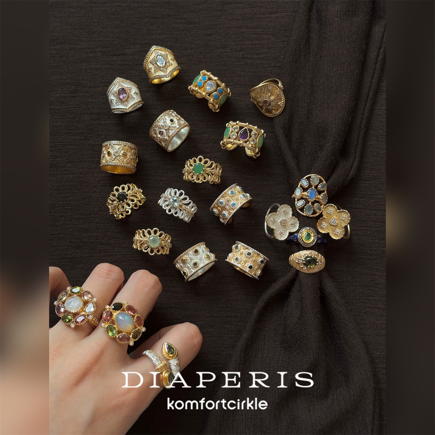 DIAPERIS 戒指宽版复古镂空雕花金银半宝石指环女叠戴精致礼物