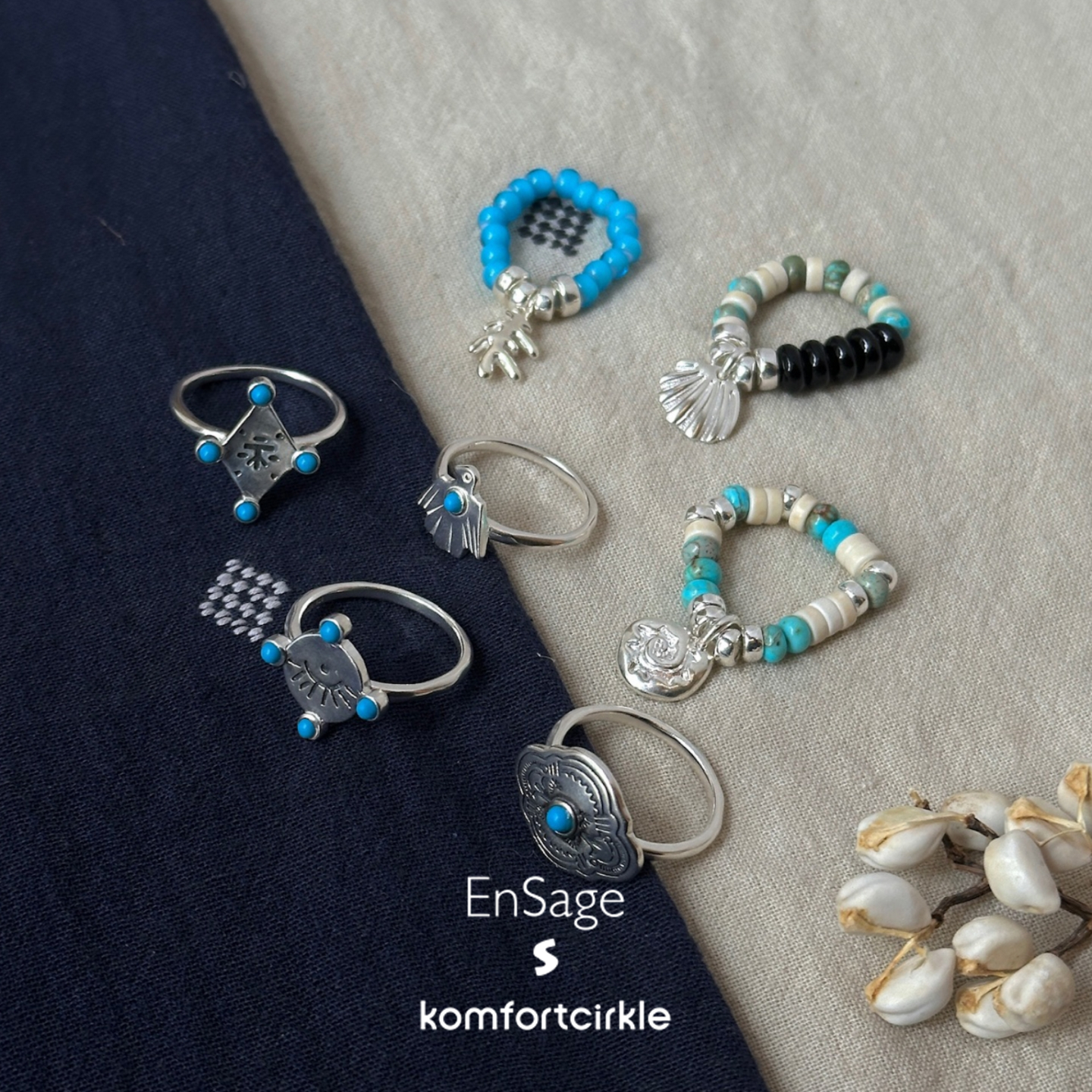 ENSAGE 925银民族图腾戒指琉璃珠松石串珠指环手工质感叠戴礼物