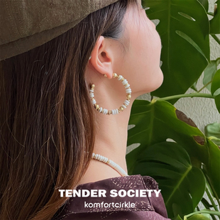 TENDER SOCIETY 白松石串珠C形大耳圈 金色夏日度假气质耳环