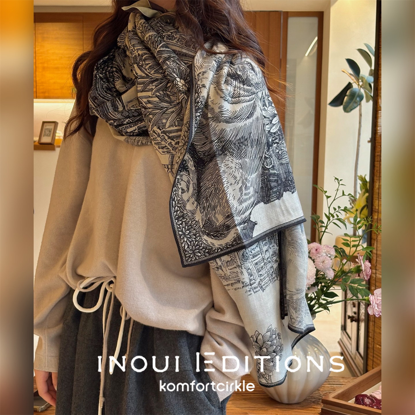 INOUI EDITIONS 100*190皇家建筑印花长丝巾围巾披肩法国时髦百搭