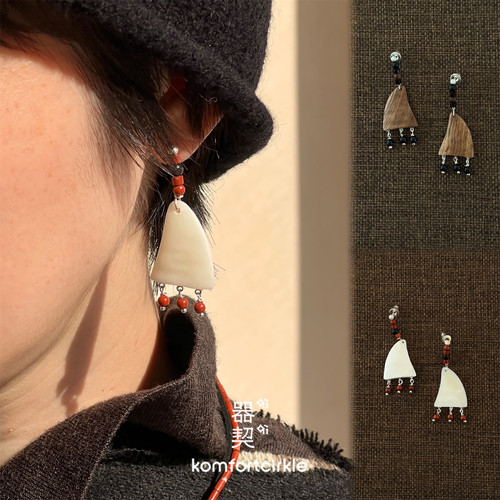 器契qiqi 鸣角牛骨红石耳坠 纯银原创设计乌金黑檀耳饰手工造型