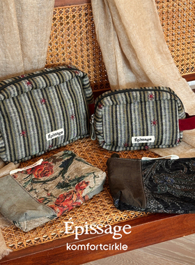 EPISSAGE 印花收纳袋条纹化妆包拉链复古旅行随身便携证件零钱包