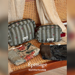 EPISSAGE 印花收纳袋条纹化妆包拉链复古旅行随身便携证件零钱包