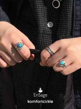 ENSAGE 复古图腾刻纹戒指 925银绿松石指环 小众手工高级质感叠戴