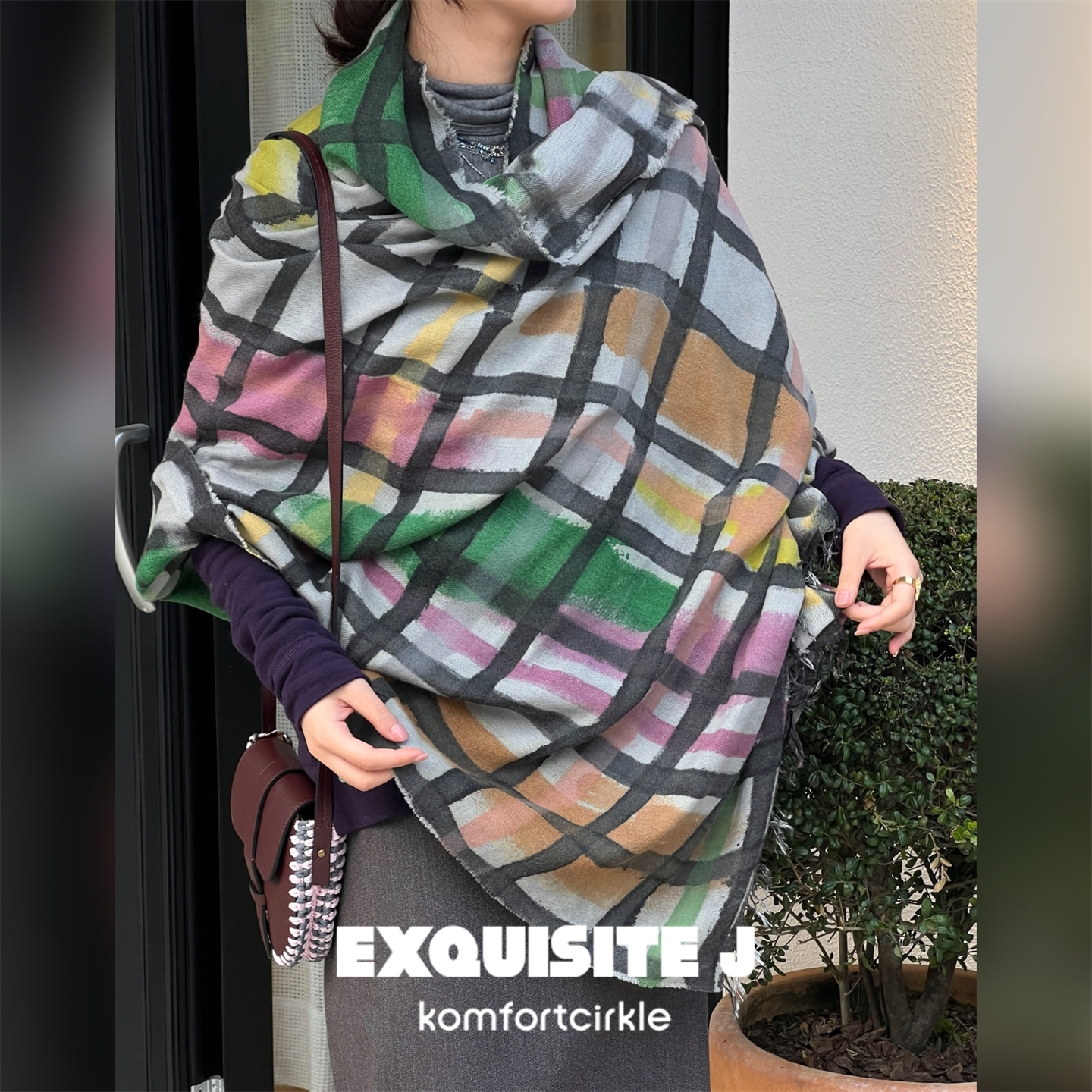 Exquisite J 意大利品牌 Z511格纹拼色羊毛莫代尔围巾大披肩