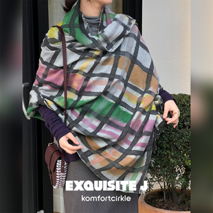 Z511格纹拼色羊毛莫代尔围巾大披肩 意大利品牌 Exquisite