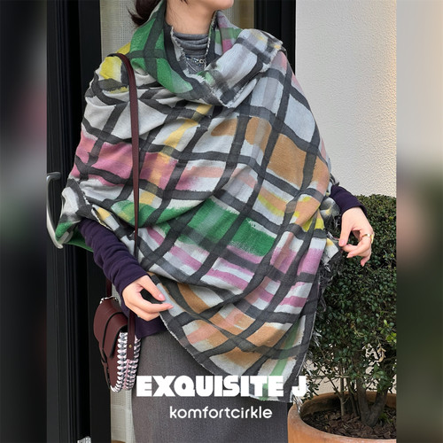 Exquisite J 意大利品牌 Z511格纹拼色羊毛莫代尔围巾大披肩
