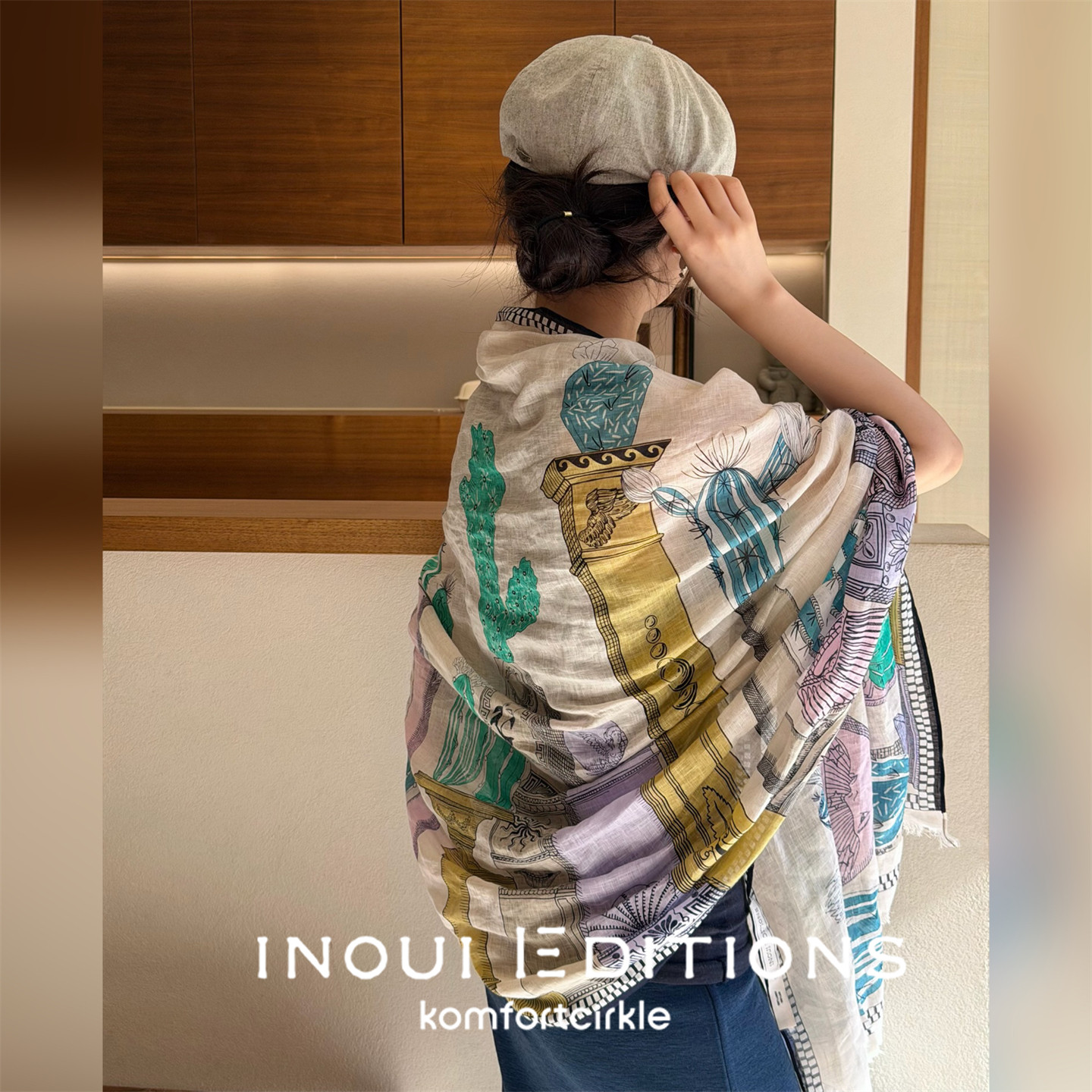 INOUI EDITIONS 100*190仙人掌建筑印花丝巾大围巾披肩春夏新款 - 实物图