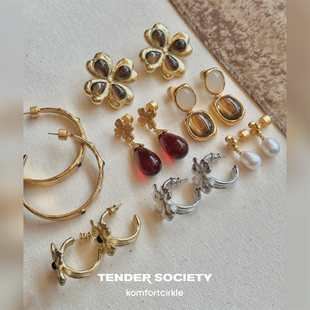 TENDER SOCIETY 幸运四叶草茶晶水滴耳环耳圈复古时髦高级感