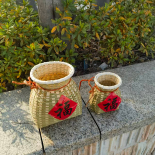 新年福字周岁生日摆件竹篮竹编小竹筐环创背篓装饰竹篓幼儿园布置