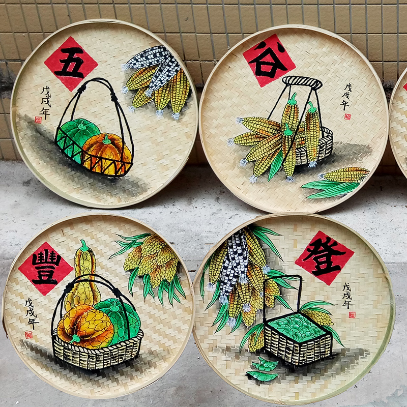 纯手工绘画竹簸箕画竹匾竹筛创意彩绘画竹筐农家乐装饰画饭店餐厅