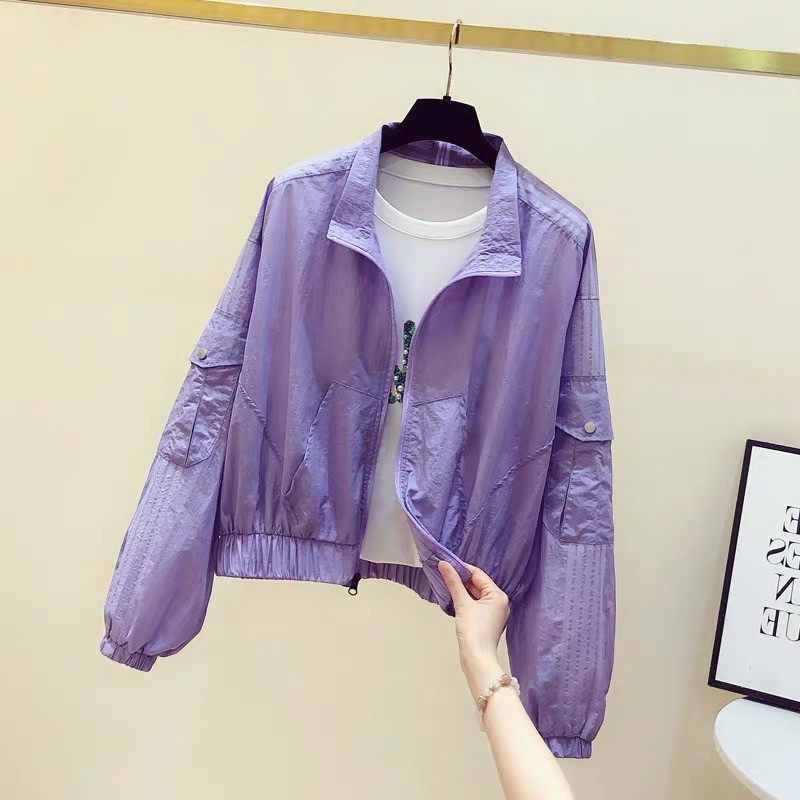 欧洲站紫色防晒衣女纯色2020夏季新款短款长袖薄款透气百搭外套潮