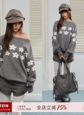 ECHOSTA环绕小花提花一字斜肩针织杉套头毛衣春女上衣原创显瘦