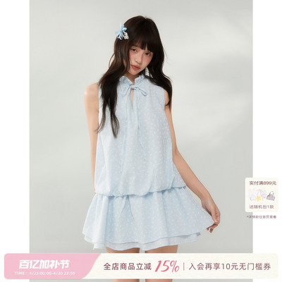 ECHOSTA“半糖苏打”温柔风系带花苞碎花连衣裙无袖小V领子水母裙