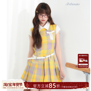 ECHOSTA /“第七次心动”25夏季衬衫领黄色大格子百褶短款连衣裙