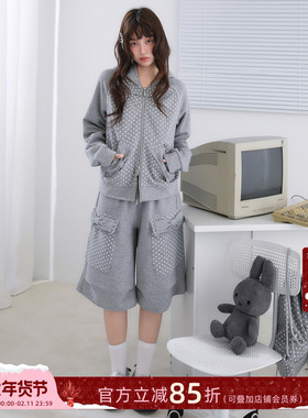 ECHOSTA灰色波点卫衣外套七分裤套装韩系亚萌蝴蝶结设计感原创