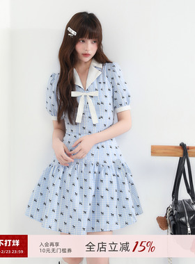 ECHOSTA/“角落情书”夏季新款蝴蝶结蓝色条纹连衣裙收腰显瘦裙子