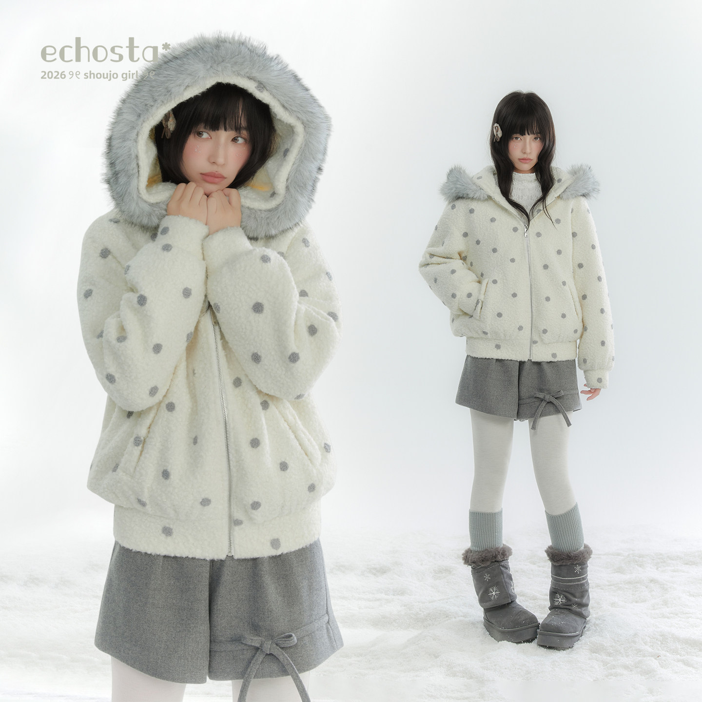 ECHOSTA26冬大毛领上衣厚保暖拉链小个子时尚波点灰色连帽外套女