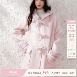 ECHOSTA 粉色蝴蝶结拼接深秋初冬大衣少女毛呢浪漫百搭外套