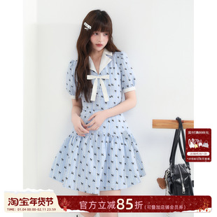 ECHOSTA/“角落情书”夏季新款蝴蝶结蓝色条纹连衣裙收腰显瘦裙子