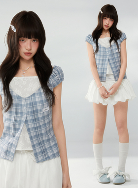 ECHOSTA“枕云听海”蓝格纹撞色白碎花拼接假两件衬衫收腰上衣女