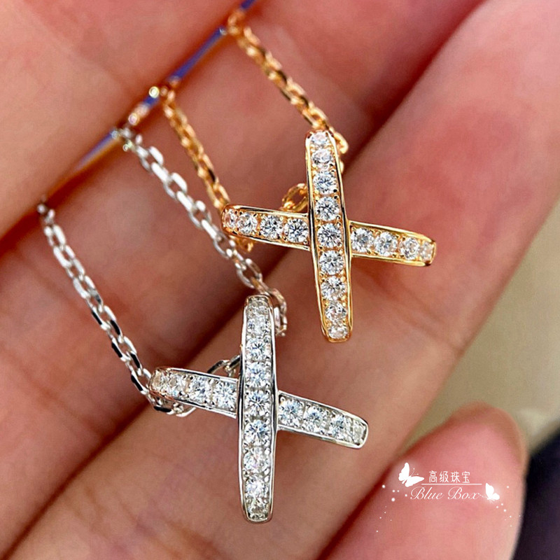 liens满钻交叉项链女18k玫瑰金纯银立体x字母锁骨链双环小众高级