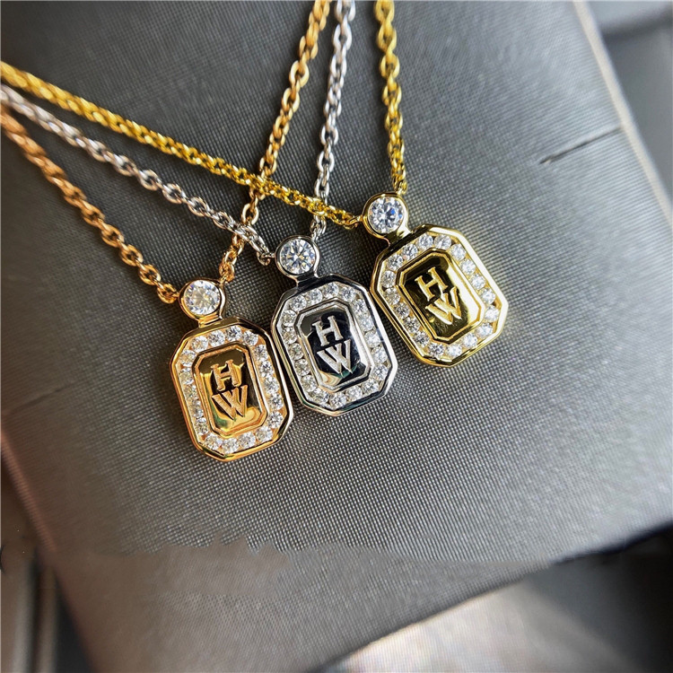 hw小号香水瓶项链女纯银925玫瑰金18k金满钻方块字母锁骨链气质潮