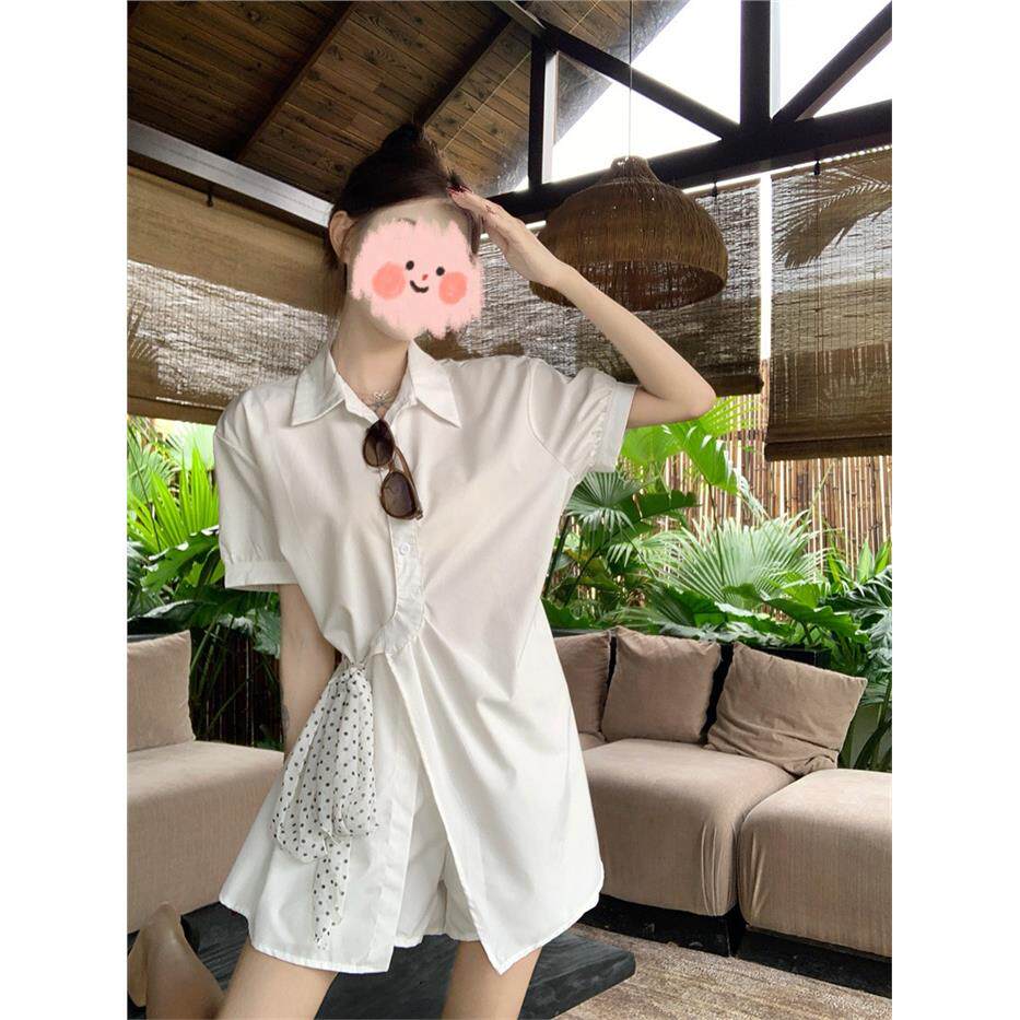 2026夏季新款韩系时尚气质POIO领短袖连衣裙高腰休闲短裤时尚套装