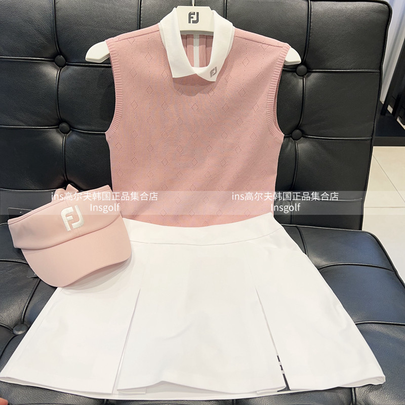 Footjoy高尔夫服装户外球服套装女士无袖运动针织衫白色短裙A字裙