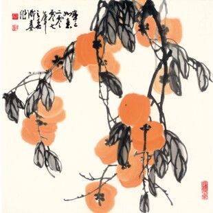 当代国画大师王成喜柿子图水墨画植物教学临摹素材装饰画高清微喷